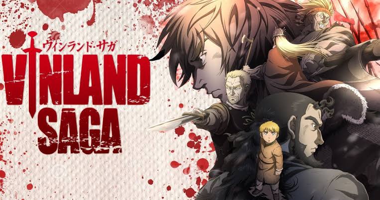Vineland Saga   Japanese text   Thores thorfin others giving a cool look with bloody background