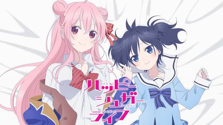 Happy Sugar Life       Japanese pink text   Cute girl and one more girl laying on the bed 